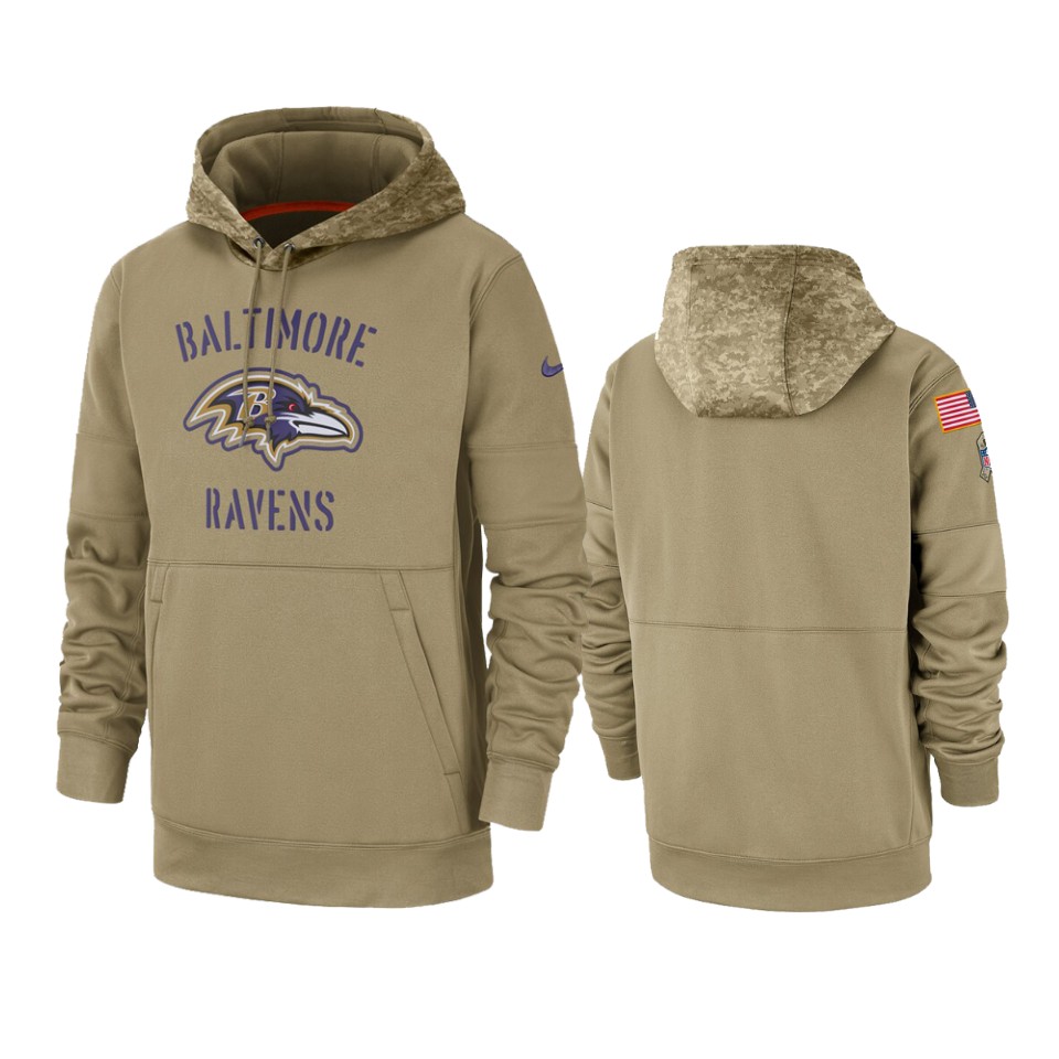 Men's Baltimore Ravens Tan 2019 Salute to Service Sideline Therma Pullover Hoodie